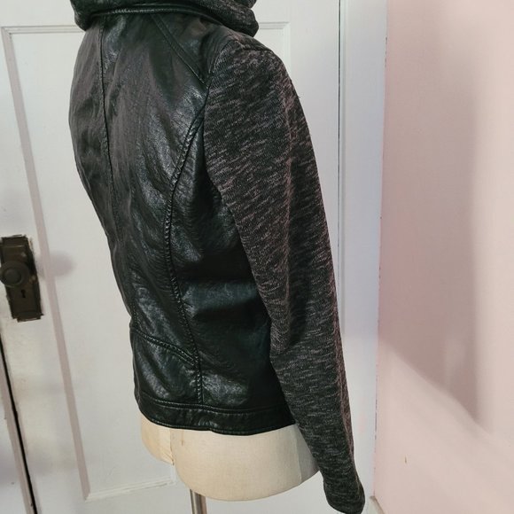 E2 Black Faux Leather Moto Removable Hood Jacket Excellent Size M - Picture 3 of 10